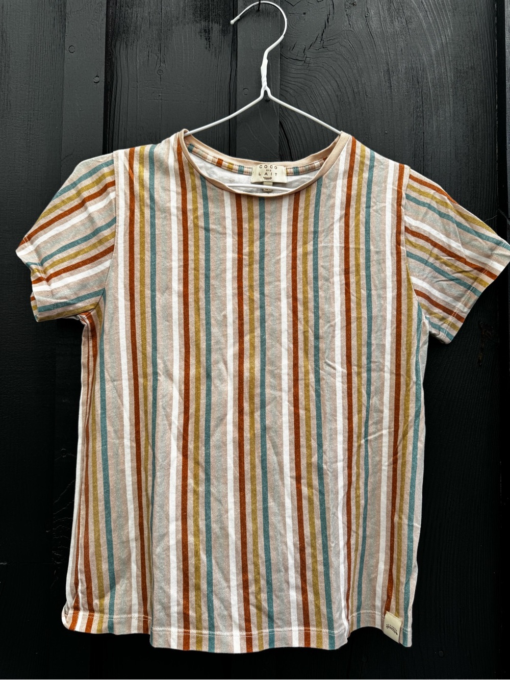 Coco au Lait Kids Striped Crewneck Tee in tan base with cream, Burgundy & Teal